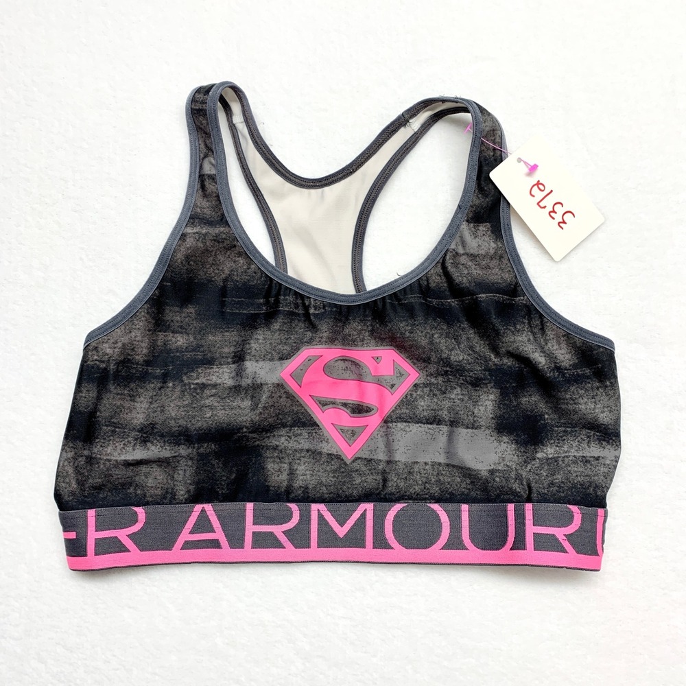 Under Armour Superman Sports Bra Womens Size S Gray Pink HeatGear Activewear DC